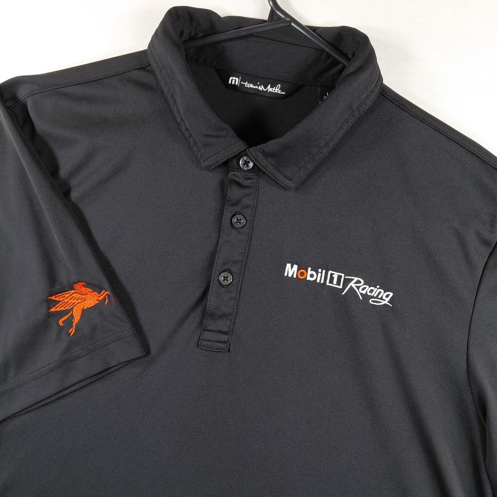 TravisMathew Mens Large Mobil 1 Racing Pegasus Polo Shirt Black Short Sleeve